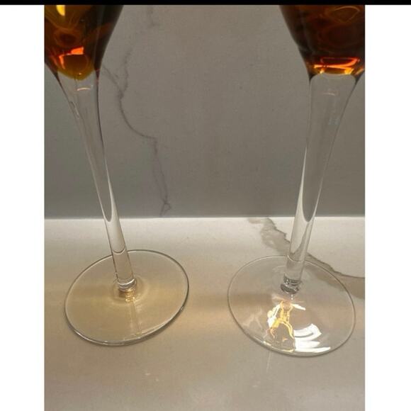 Set of 2 Amber Optic Swirl Wine Glasses Clear Stems 9" Tall Blown Glass 10 oz - Picture 3 of 6